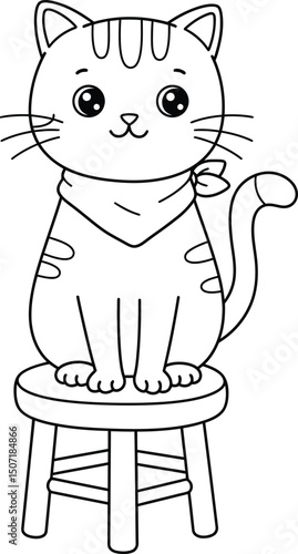 Cat lineart illustration suitable for coloring book sitting on a stool adorable simple design for children and adults
