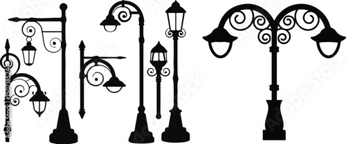 Black Street lamp silhouette vector illustration on white background. Lamp post set illustration