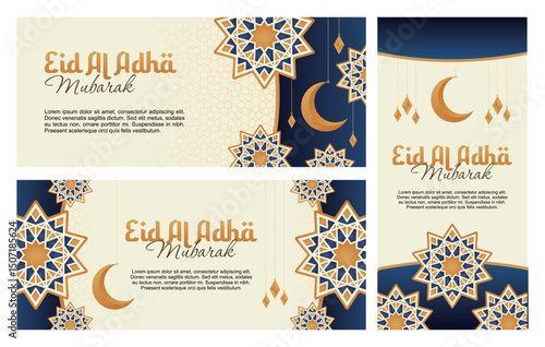 blue and golden eid al adha mubarak decorative arabic islamic banner design set. banner set of eid al adha mubarak with blue and golden colored vector design.