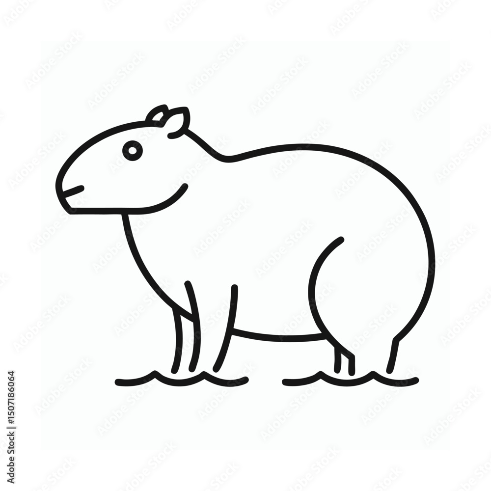 Obraz premium Simple and clean black and white outline illustration of a cute capybara on white background