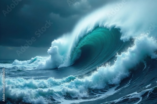 Powerful cyclone creating massive swirling waves, turbulent ocean water, intense weather phenomenon, dramatic sea scene , environment, natural disaster