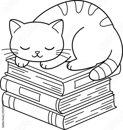 Cat lineart illustration suitable for coloring book featuring sleeping feline on stack of books vector drawing 