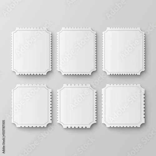Set of blank tickets with rounded and decorative edges, minimal mockup template for event promotions.