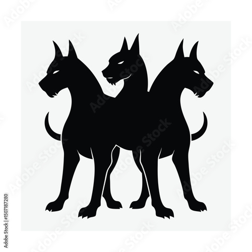 Mythical cerberus guardian of the underworld represented in a bold black and white silhouette