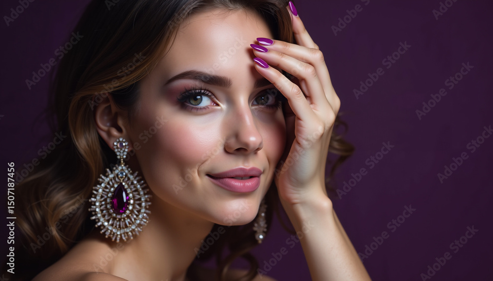 Obraz premium Beautiful young woman with large earrings, confident mood, close-up portrait on purple background, copy space