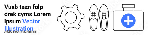 Gear icon, formal shoes, and a first aid kit emphasizing preparedness, safety, and professionalism. Ideal for work safety, medical support, productivity, resource management professional attire