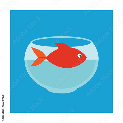 Adorable cartoon red fish swimming happily inside a glass bowl of clear water