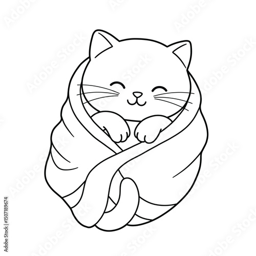 Cute cat lineart illustration suitable for coloring book wrapped in cozy blanket vector design
