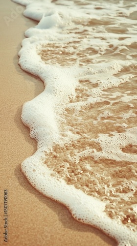 Tide line on sandy beach with foamy crest, great for surf-themed graphics, resort branding, and realistic texture maps.
