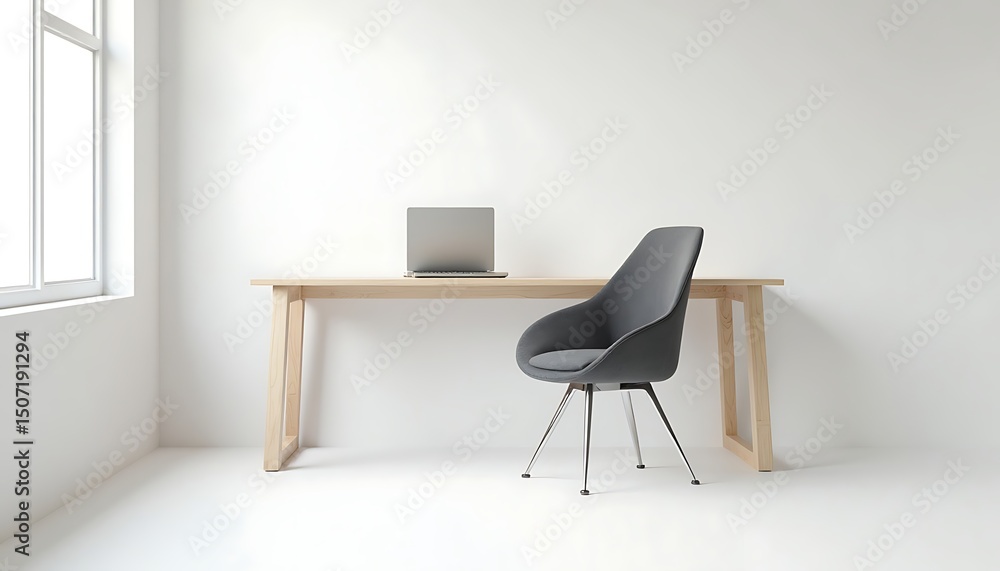 Fototapeta premium Minimalist Home Office Setup with Laptop and Modern Chair Design