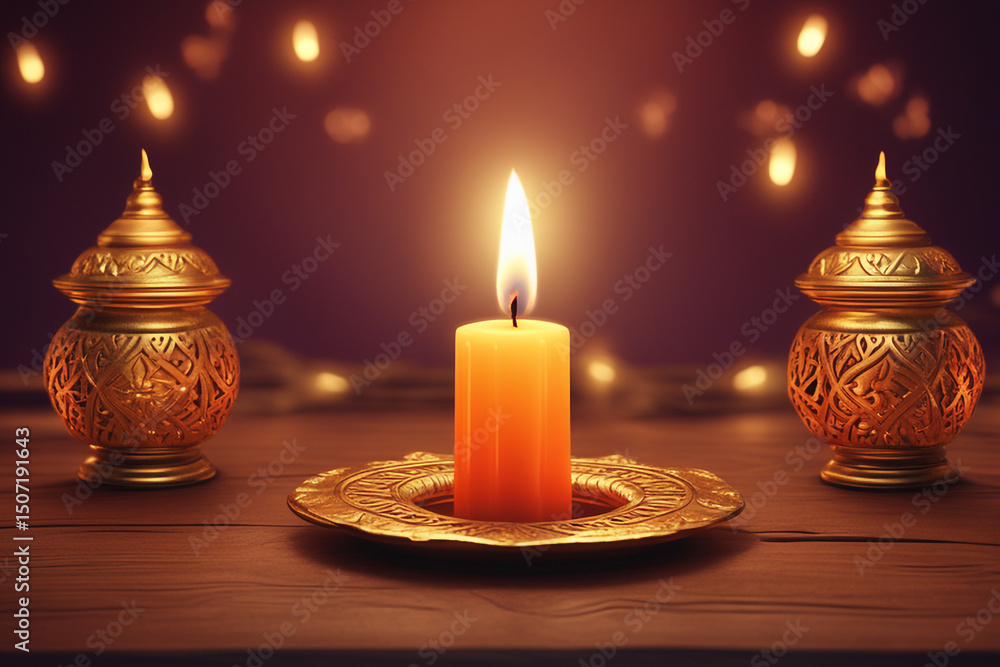 Serene Candlelight Scene with Ornate Golden Vessels on Wooden Tabletop Serene Candlelight Scene with Ornate Golden Vessels on Wooden Tabletop