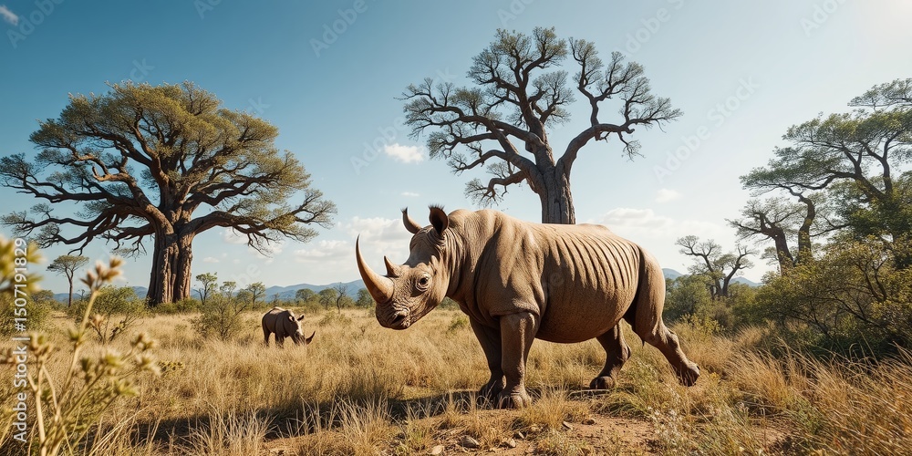 Fototapeta premium African Bush Safari: Baobab and Rhino Family