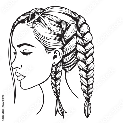 Hair plaits and braids concept black and white vector illustration silhouette logo.