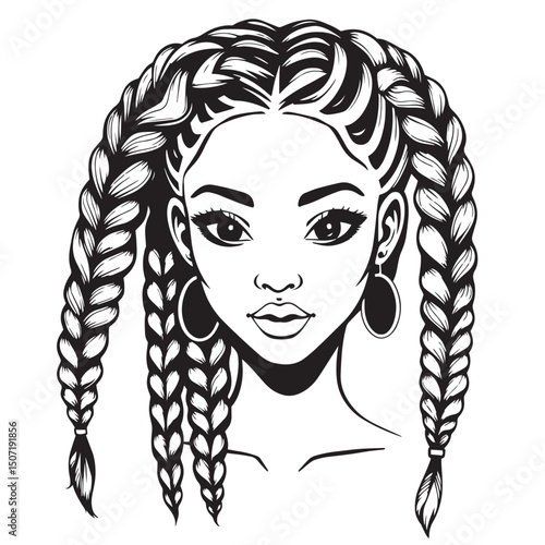 Hair plaits and braids concept black and white vector illustration silhouette logo.