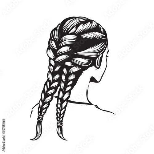 Hair plaits and braids concept black and white vector illustration silhouette logo.