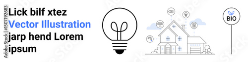 Light bulb symbolizes bright ideas, house surrounded by eco-icons for sustainability practices thumbs up energy, renewable power, eco-friendly lifestyle, and natural resources. Ideal for green