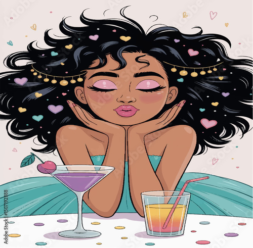 illustration, cocktail, travel, vector, summer, cartoon, sea, rest, vacation, holiday, woman, girl, beach, background, tropical, relax, drawing, poster, resort, drink, hat, flat, ocean, character, 