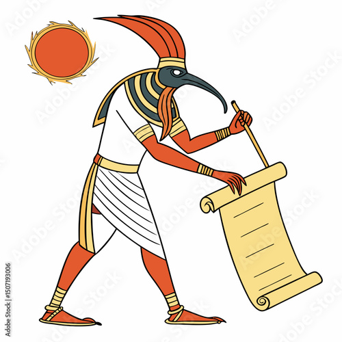 Ancient Egyptian God Thoth Holding a Scroll and Sun