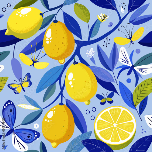 Vibrant Lemon Tree Branch with Butterflies Seamless Pattern