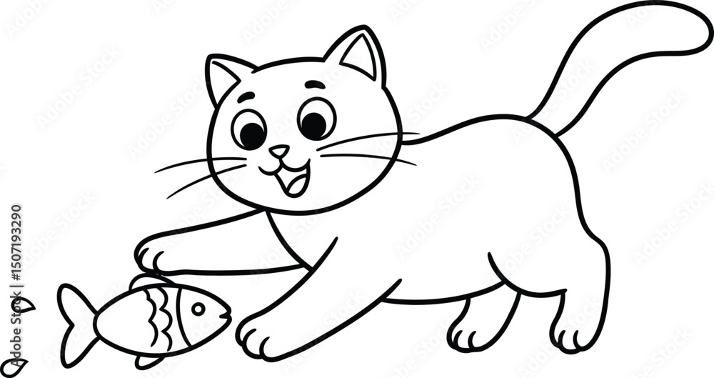 Cat playing with fish lineart illustration suitable for coloring book fun and simple animal drawing design Cat playing with fish lineart illustration suitable for coloring book fun and simple animal drawing design
