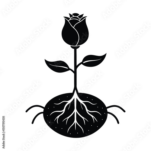 Dog Rose seed with roots extending into moist soil on white background