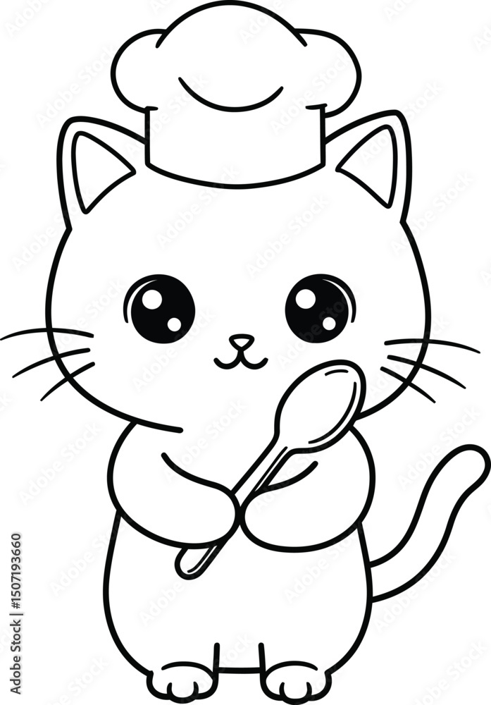 Obraz premium Cat chef lineart illustration suitable for coloring book featuring adorable cooking kitty with spoon