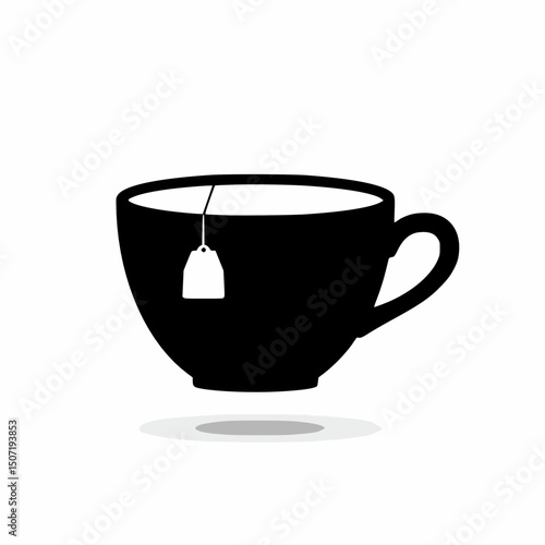 Simple black vector illustration of a teacup filled with liquid and a tea bag steeping inside.