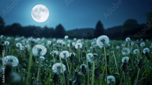 Enchanting dandelion field under luminous moonlit sky creating serene vista