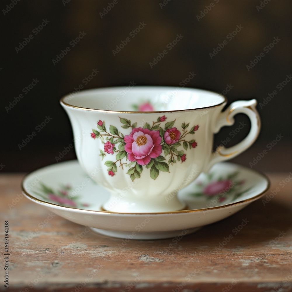 Fototapeta premium antique porcelain cup and saucer with floral pattern