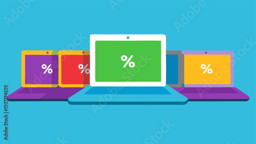 Discounted Laptops A row of colorful laptops on display each with a prominent discount tag showing percentage savings.