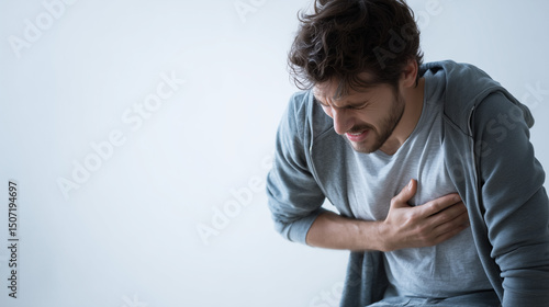 man placing one hand on his chest and another on his knee while trying to breathe