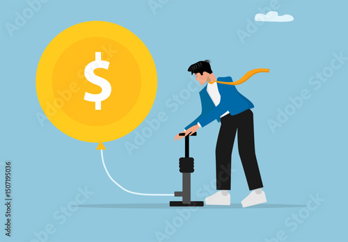 Businessman Pumping Money Balloon with Air Pump. Financial Growth and Inflation Concept Flat Vector Illustration