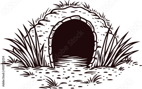 Ancient cave entrance surrounded by grass in monochrome