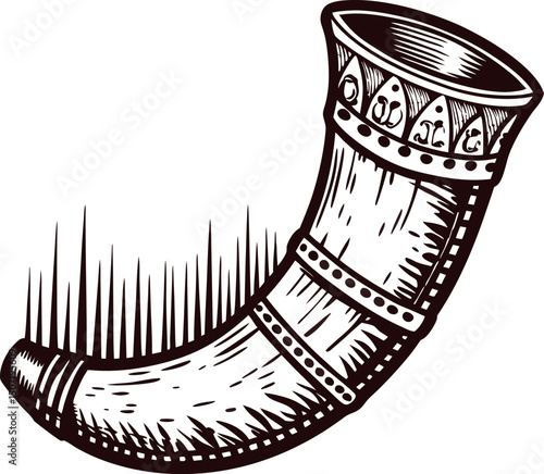 Viking horn with ornate detailing and runes in black and white