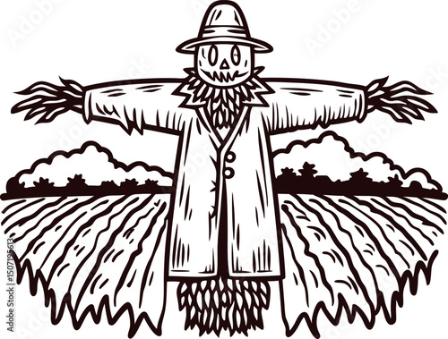 Scarecrow in field guarding crops with hat and coat in rustic countryside