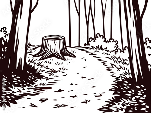 Scenic woodland trail with tree stump and dense vegetation in a serene forest setting