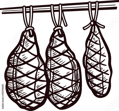 Rustic cured meats hanging in a traditional european