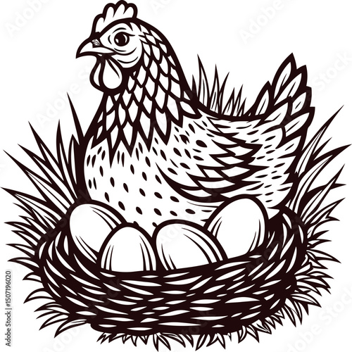 Hen nesting with eggs in detailed rustic