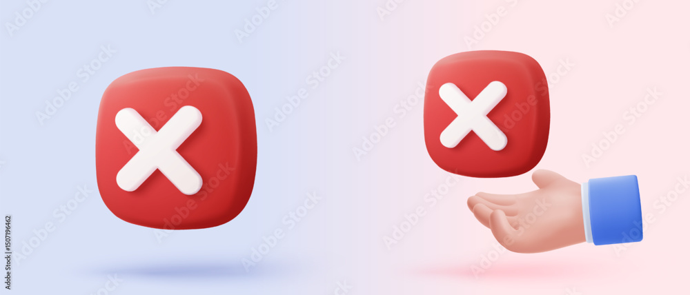 Fototapeta premium 3d check wrong icon signs. negative check list buttons choice for false, select correct, tick symbolic, problem important, fail on application. 3d editable icon vector rendering illustration