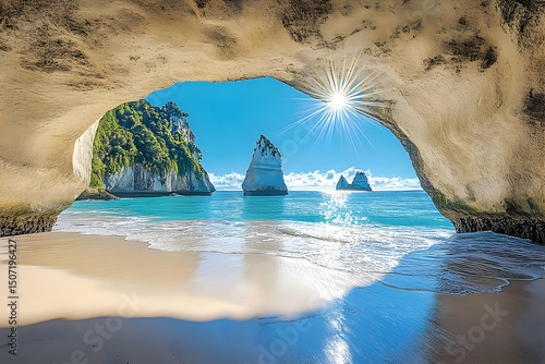 Tranquil beach scene with rock formations and a cave entrance.