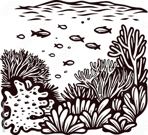 Detailed black and white coral reef scene with various fish in underwater ocean habitat