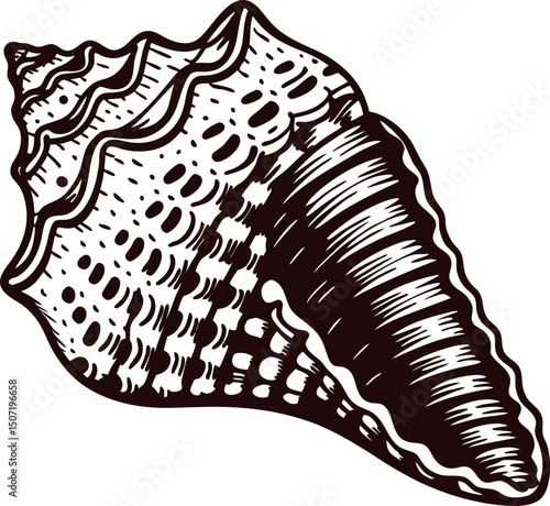 Vintage black and white of a sea conch shell with intricate details