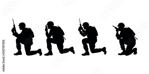 Detailed crouching army figure silhouette, representing discipline, cover tactics, and battlefield realism. Perfect for use in tactical branding or war-themed art.