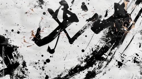Abstract black ink brush strokes on white canvas with splatter accents