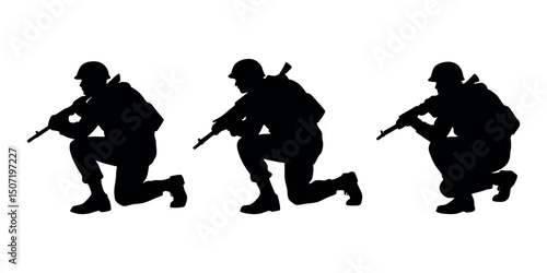 Detailed crouching army figure silhouette, representing discipline, cover tactics, and battlefield realism. Perfect for use in tactical branding or war-themed art.