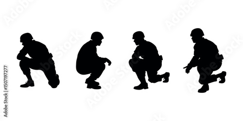 Detailed crouching army figure silhouette, representing discipline, cover tactics, and battlefield realism. Perfect for use in tactical branding or war-themed art.