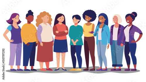 A diverse group of women stand together, showcasing their individuality and unity through their varied appearances and attire.