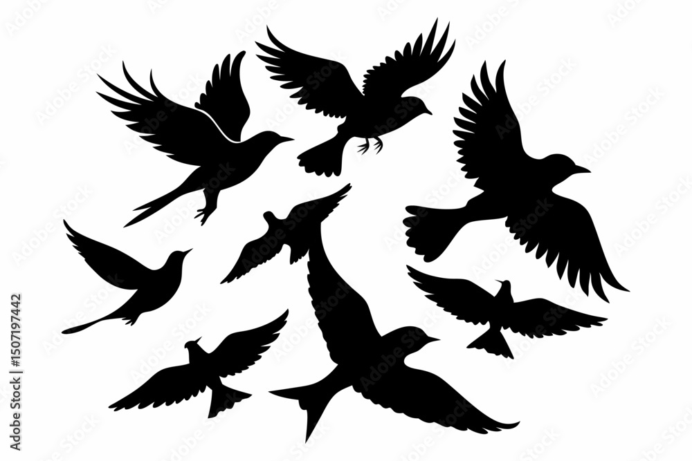 Obraz premium A flock of birds in flight, depicted as a collection of black silhouettes against a white background.