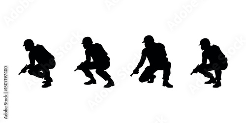 Detailed crouching army figure silhouette, representing discipline, cover tactics, and battlefield realism. Perfect for use in tactical branding or war-themed art.