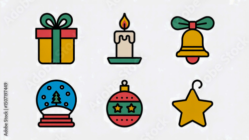Christmas icons vector set gift candle bell snow globe ornament star festive holiday design elements